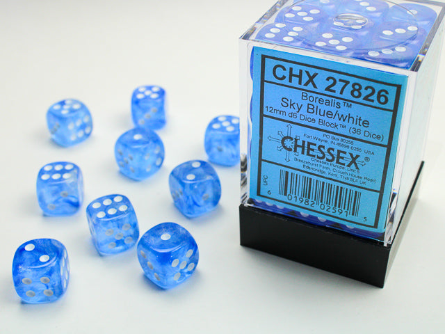 Chessex: D6 Borealis™ Dice Set - 12mm - Sky Blue/ White | Galactic Gamez