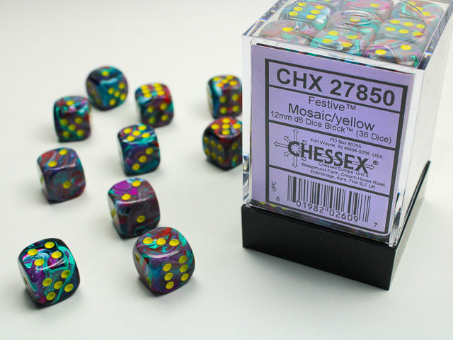 Chessex: D6 Festive™ DICE SET - 12MM - Mosiac/Yellow | Galactic Gamez