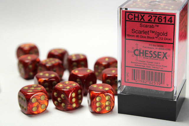 Chessex- Scarab Scarlet/gold 16mm d6 Dice Block (12 dice) | Galactic Gamez