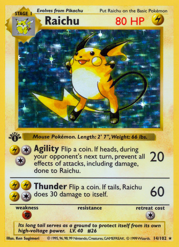 Raichu (14/102) (Shadowless) [Base Set 1st Edition] | Galactic Gamez