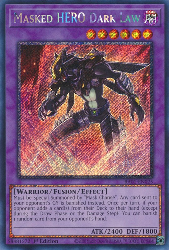 Masked HERO Dark Law [RA01-EN025] Platinum Secret Rare | Galactic Gamez