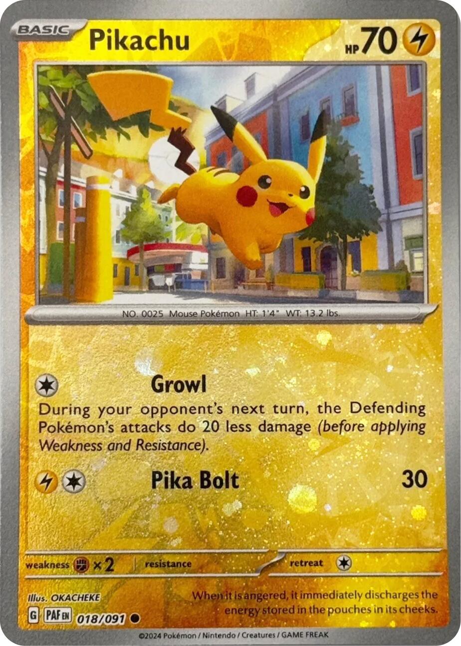 Pikachu (018/091) (Reverse Cosmos Holo) [Scarlet & Violet: Paldean Fates] | Galactic Gamez