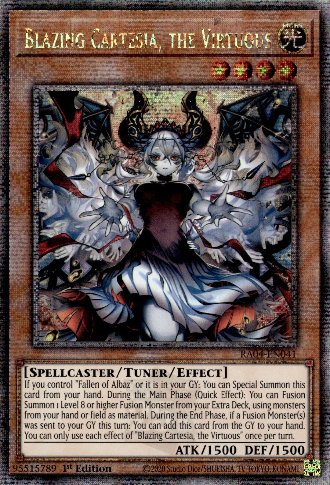 Blazing Cartesia, the Virtuous (New Art) [RA04-EN041] Quarter Century Secret Rare | Galactic Gamez