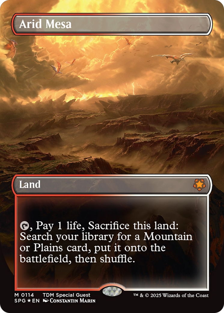 Arid Mesa (Borderless) (Dragonscale Foil) [Tarkir: Dragonstorm Special Guests] | Galactic Gamez