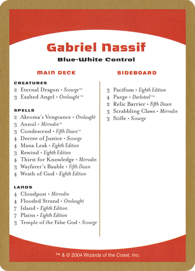 Gabriel Nassif Decklist [World Championship Decks 2004] | Galactic Gamez