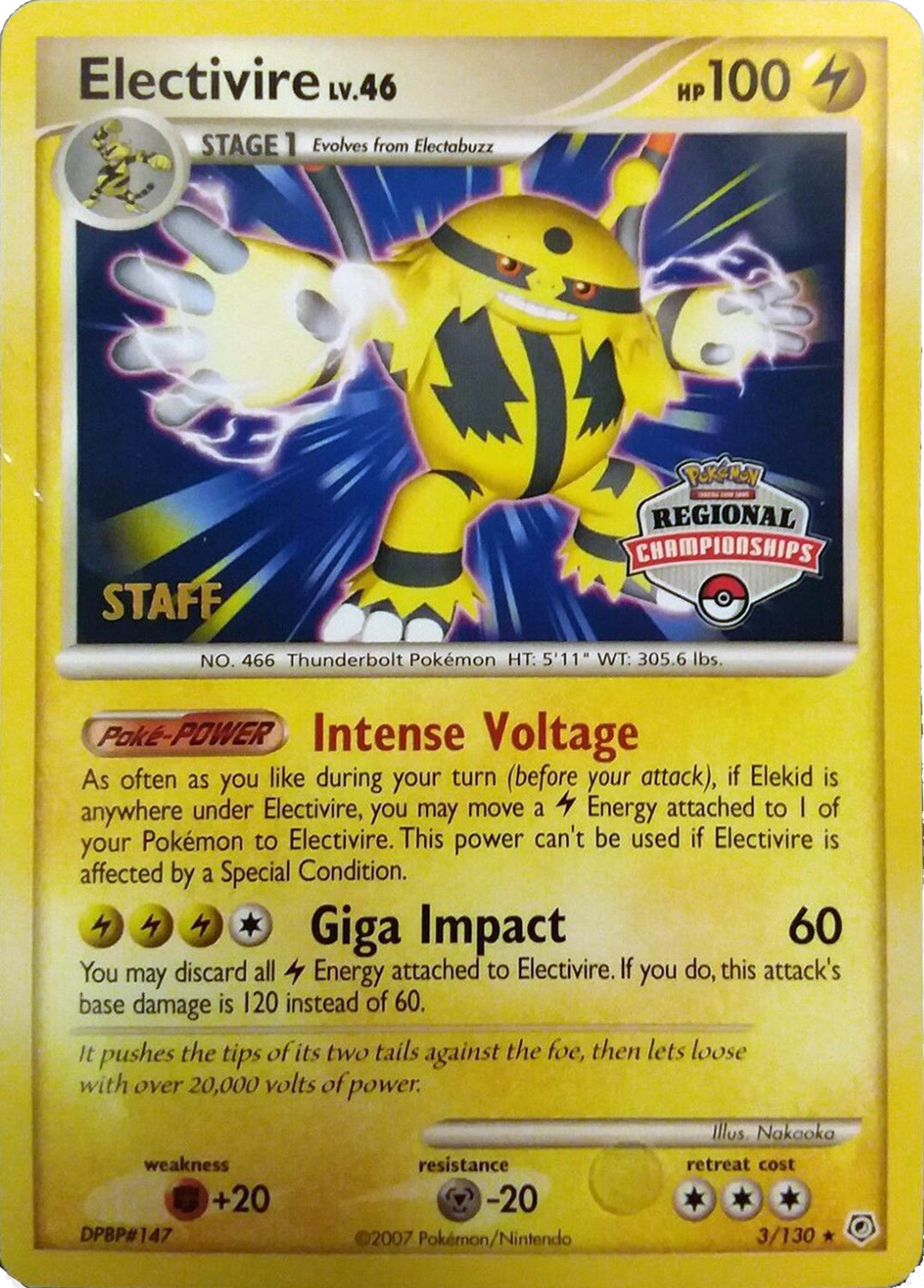 Electivire (003/130) (2008 Staff Regional Championships) [League & Championship Cards] | Galactic Gamez