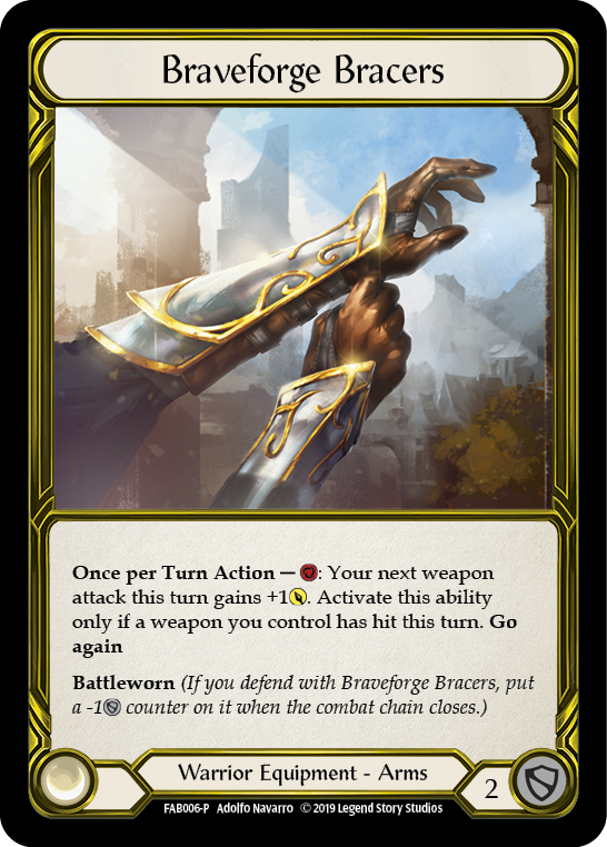 Braveforge Bracers [FAB006-P] (Promo)  1st Edition Cold Foil - Golden | Galactic Gamez