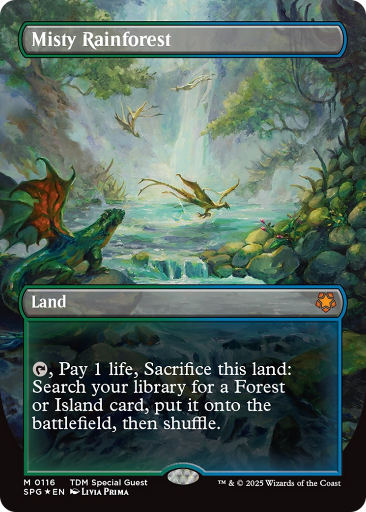 Misty Rainforest (Borderless) (Dragonscale Foil) [Tarkir: Dragonstorm Special Guests] | Galactic Gamez