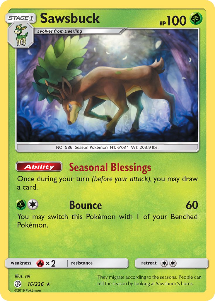 Sawsbuck (16/236) (Prerelease Kit Exclusive) (Theme Deck Exclusive) [Sun & Moon: Cosmic Eclipse] | Galactic Gamez