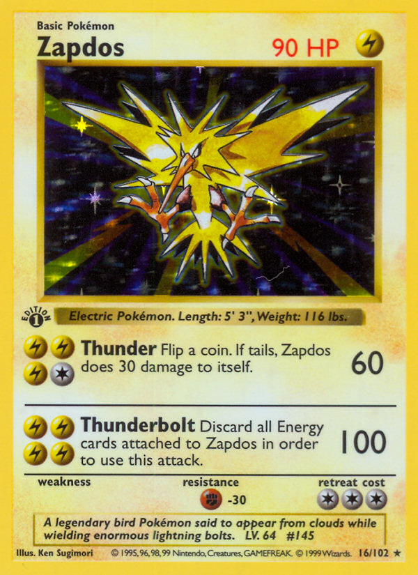 Zapdos (16/102) (Shadowless) [Base Set 1st Edition] | Galactic Gamez