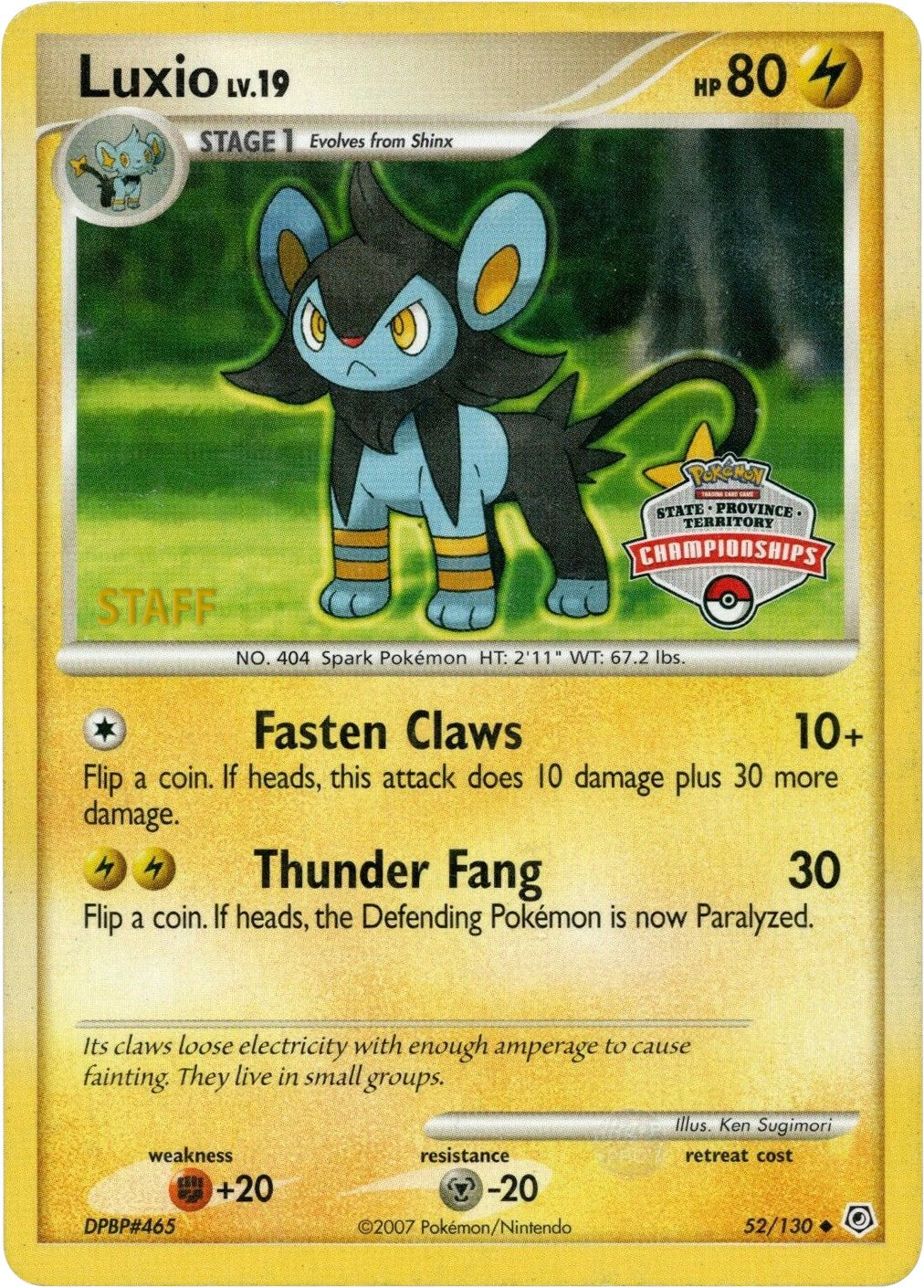 Luxio (52/130) (State Championship Staff Promo) [Diamond & Pearl: Base Set] | Galactic Gamez