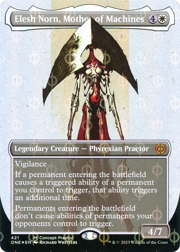 Elesh Norn, Mother of Machines (Borderless Concept Praetors Step-and-Compleat Foil) [Phyrexia: All Will Be One] | Galactic Gamez