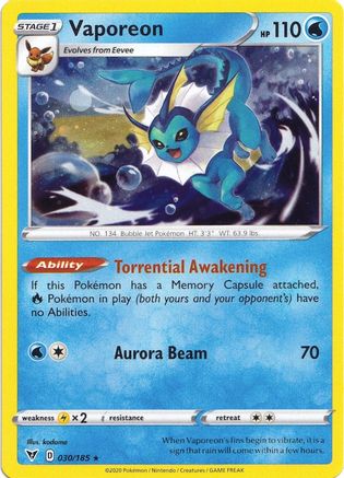 Vaporeon (030/185) (Cosmos Holo) [Sword & Shield: Vivid Voltage] | Galactic Gamez