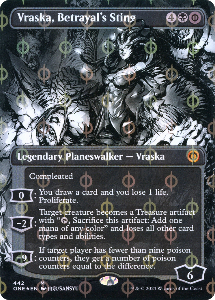 Vraska, Betrayal's Sting (Borderless Manga Step-and-Compleat Foil) [Phyrexia: All Will Be One] | Galactic Gamez
