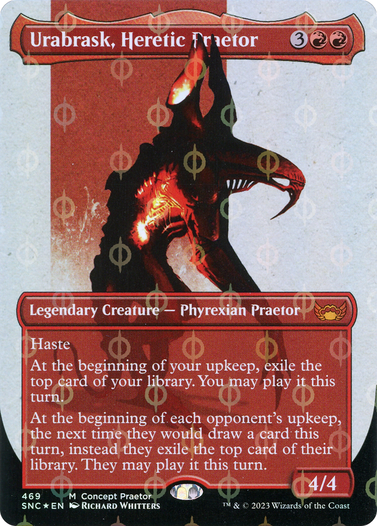 Urabrask, Heretic Praetor (Borderless Concept Praetors Step-and-Compleat Foil) [Phyrexia: All Will Be One] | Galactic Gamez