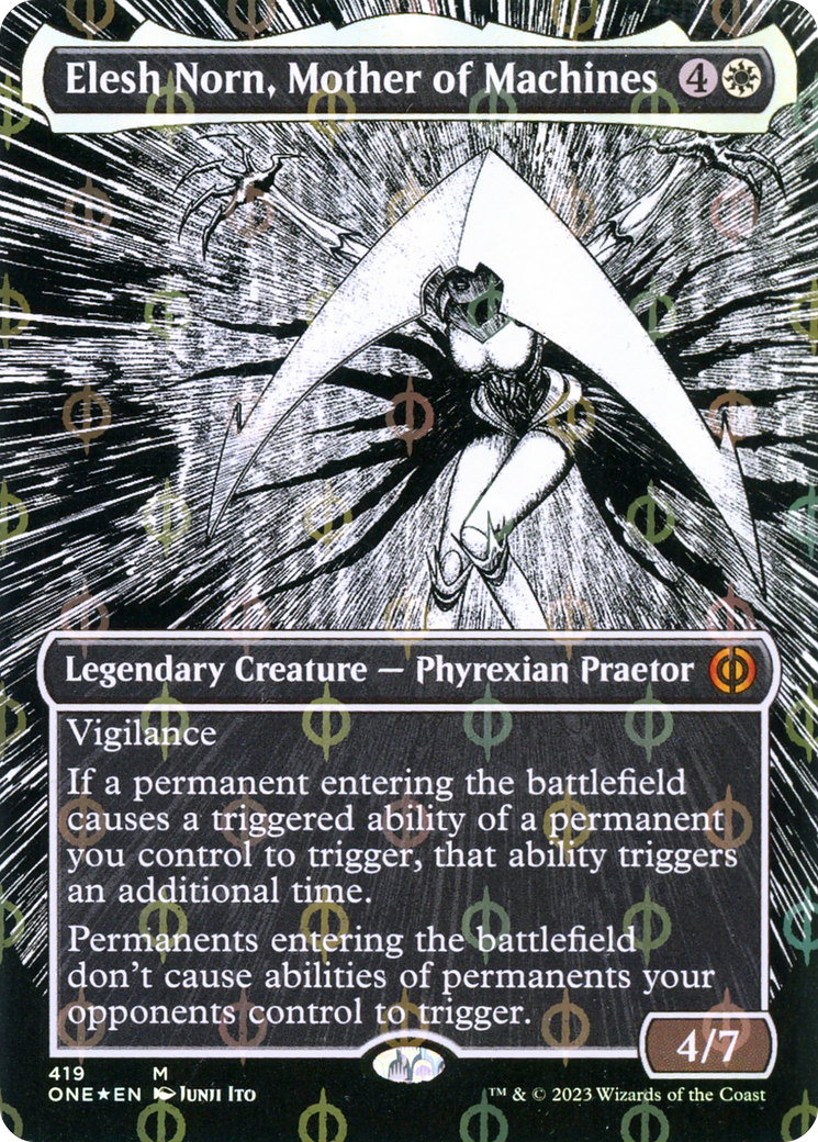 Elesh Norn, Mother of Machines (Borderless Manga Step-and-Compleat Foil) [Phyrexia: All Will Be One] | Galactic Gamez