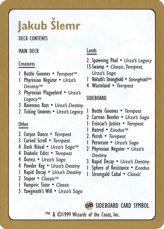 Jakub Šlemr Decklist [World Championship Decks 1999] | Galactic Gamez