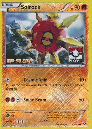 Solrock (64/146) (3rd Place League Challenge Promo) [XY: Base Set] | Galactic Gamez