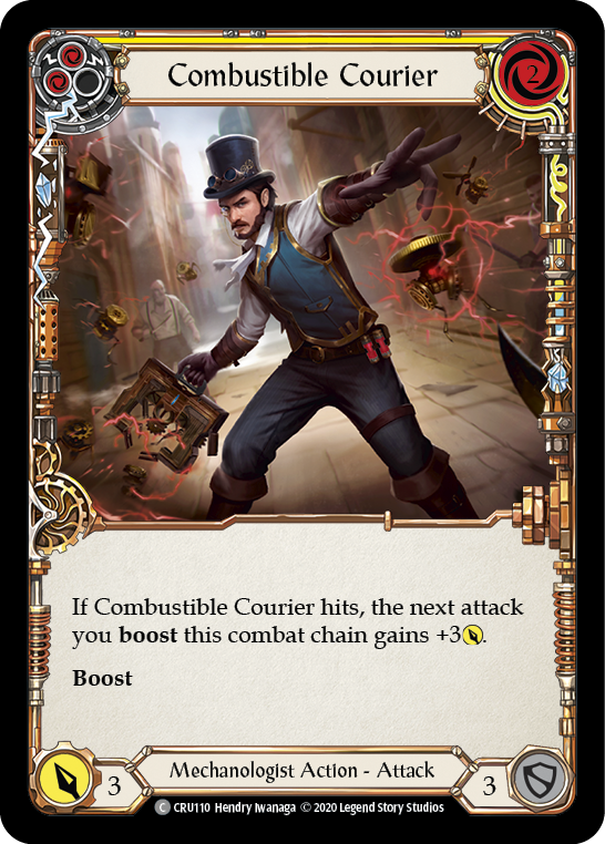 Combustible Courier (Yellow) [CRU110] 1st Edition Rainbow Foil | Galactic Gamez