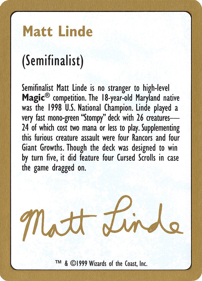 Matt Linde Bio [World Championship Decks 1999] | Galactic Gamez