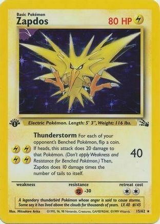 Zapdos (15/62) (Cosmos Holo) [Fossil 1st Edition] | Galactic Gamez