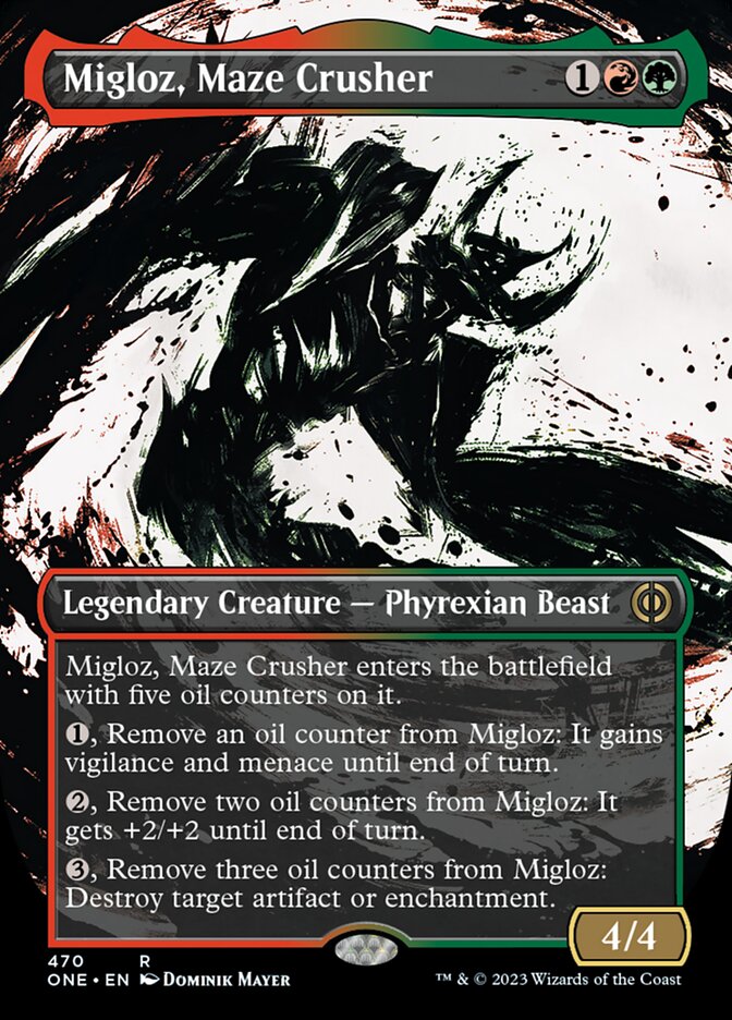 Migloz, Maze Crusher (Borderless Ichor Step-and-Compleat Foil) [Phyrexia: All Will Be One] | Galactic Gamez