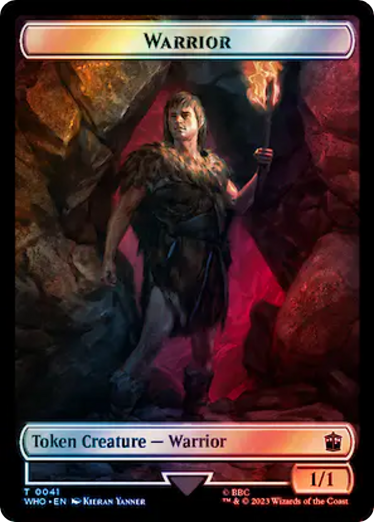 Warrior // Dinosaur Double-Sided Token (Surge Foil) [Doctor Who Tokens] | Galactic Gamez