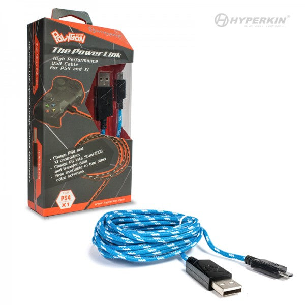 PS4/ Xbox One/ PS Vita 2000 Braided Micro USB Charge Cable (Blue/ White) - Hyperkin Polygon | Galactic Gamez